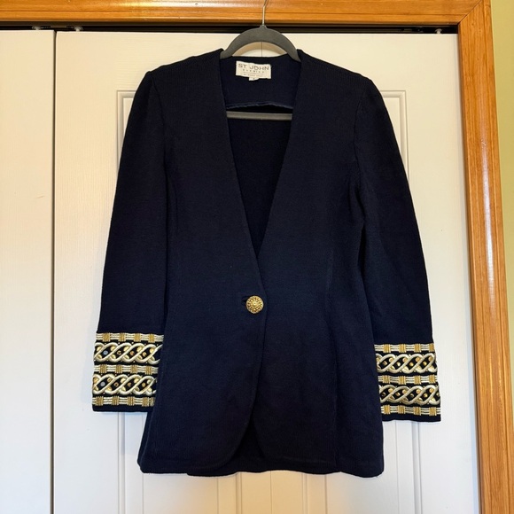 St John Santana Knit Navy Blue and Gold Jacket Size 4 - Picture 2 of 8